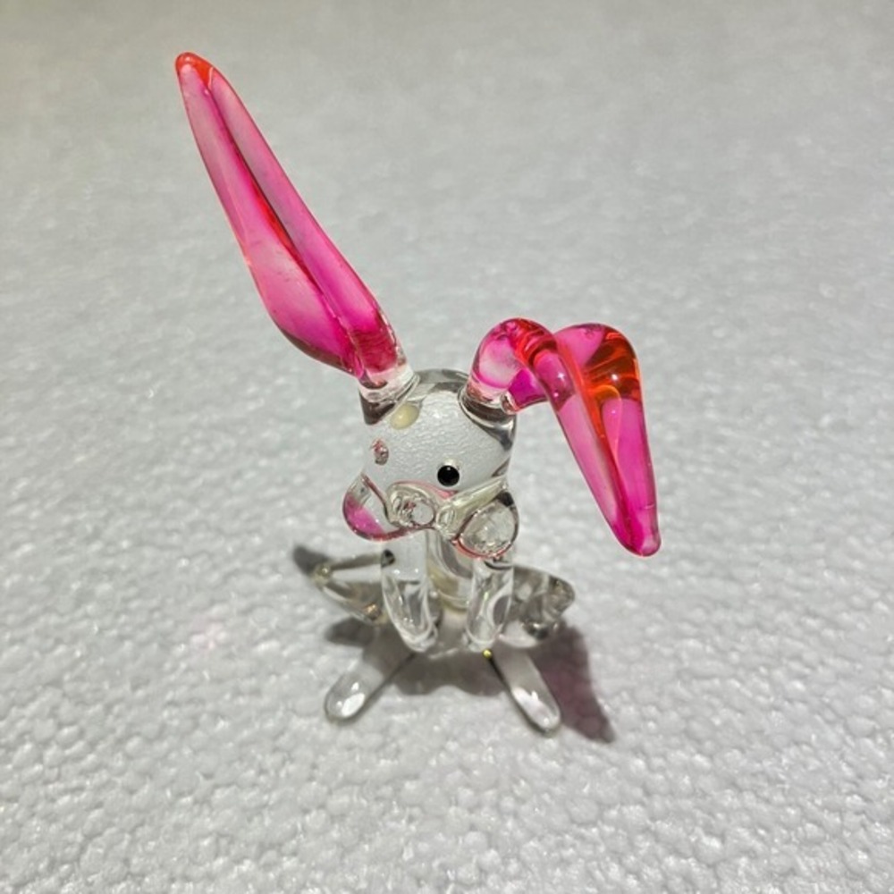 Glass Rabbit Hand Blown / Clear / Bunny / Pink Ears / UV Glow / 3.5" Tall /Flaw